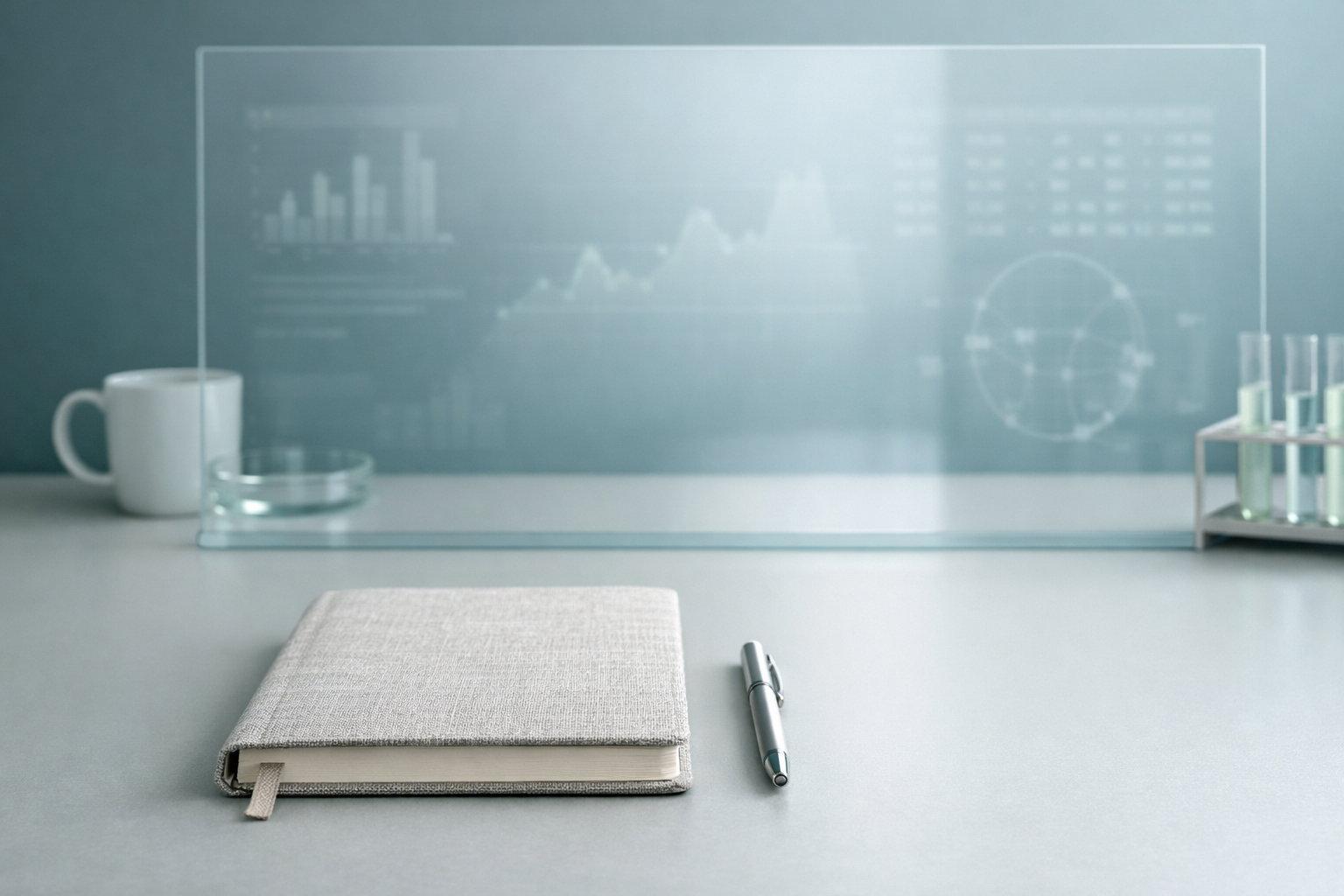 Muted slate and mint clinical research environment